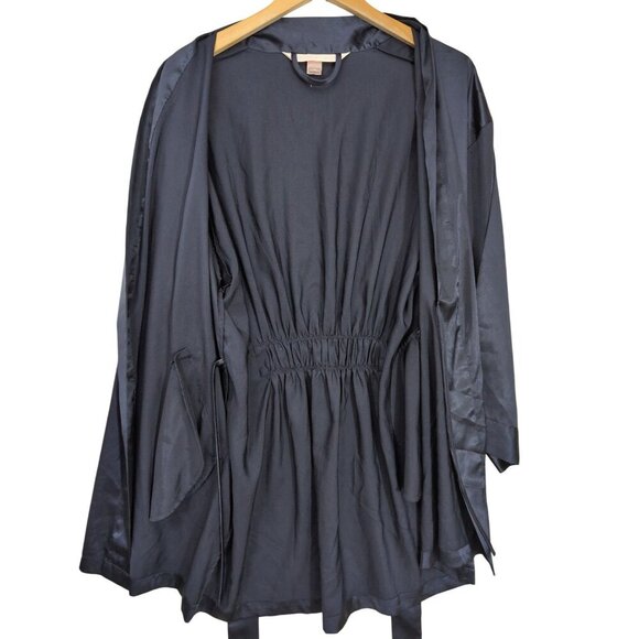 Victorias Secret Short Satin Robe Womens‎ OS Blue Long Sleeve Tie Front Pockets - Picture 3 of 10